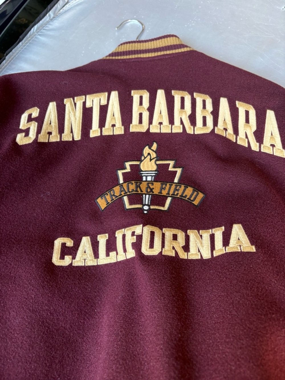 Abercrombie & Fitch Maroon Varsity Bomber with Gold Applique